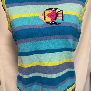 # Beachy Striped Sleeveless Top/#Vest Embellished with Colorful Fish Embroidery!